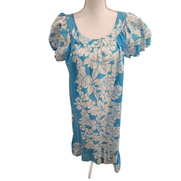 Aikane Vintage 80s Hawaiian Blue White Floral MuuMuu Dress Size L Kaftan - Picture 1 of 7